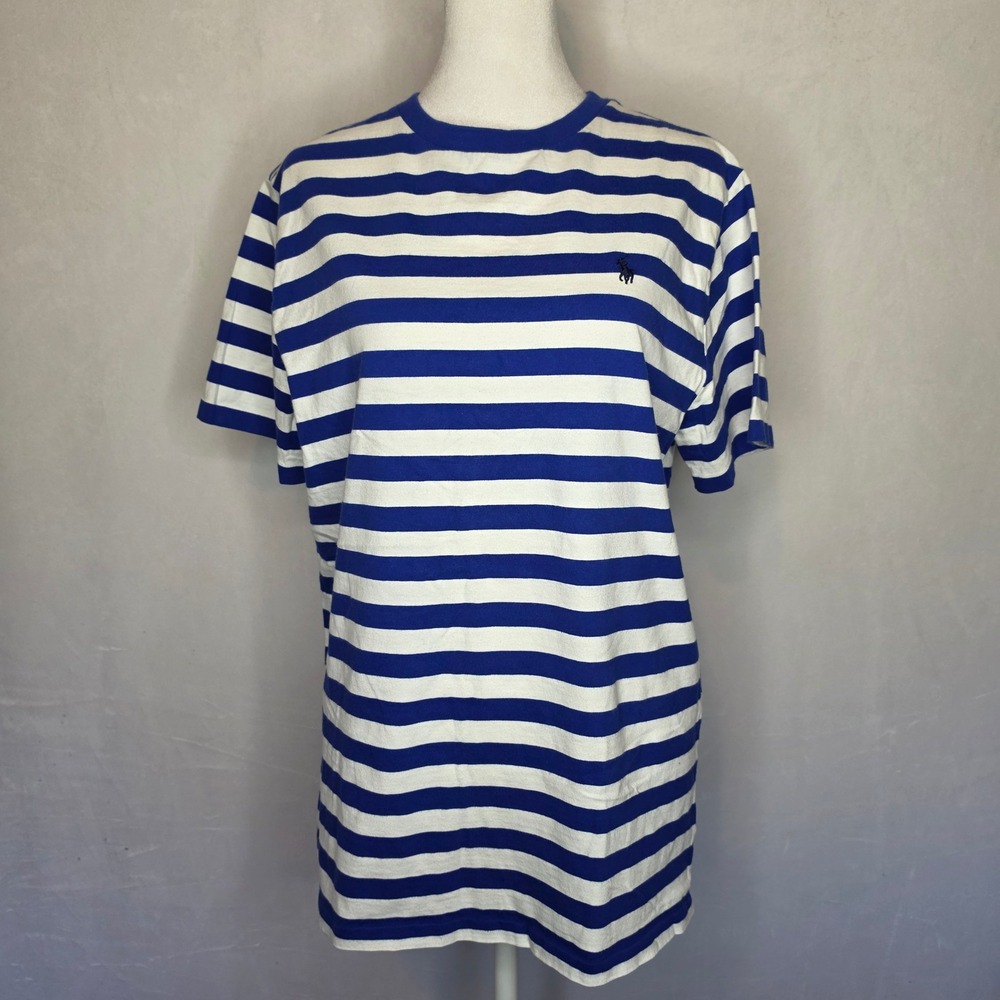 Polo Ralph Lauren Blue White Striped nautical preppy Cotton T-Shirt Pony Logo